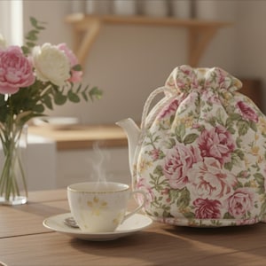 May include: A tea set featuring a teapot with a floral cosy, a teacup, and saucer on a wooden table. The teapot is adorned with a floral pattern of pink and red roses. A vase of pink and white flowers is also present.