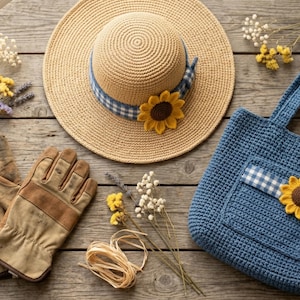 May include: A tan straw hat with a blue and white checkered ribbon and a yellow sunflower applique, a blue crocheted tote bag with a matching sunflower, and a pair of tan and brown leather work gloves arranged with dried flowers.