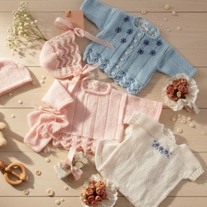 May include: A collection of knitted baby garments including a light blue cardigan with floral embroidery, a pink sweater with a matching bonnet, a white sweater with blue floral details, a pink beanie, a small teddy bear, and a wooden rattle.