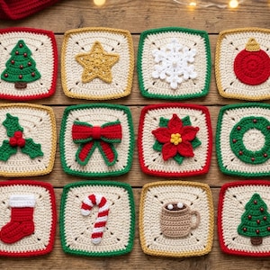 Christmas Granny Square Crochet Pattern Bundle, 18 Faceless Holiday Motifs (PDF Pattern)
