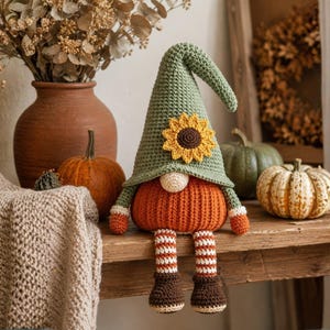 Crochet Pumpkin Gnome Pattern, Sunflower Amigurumi PDF, Autumn Decor, Beginner Halloween (US Terms)