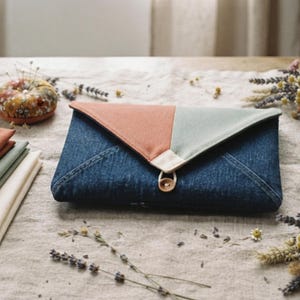 May include: An envelope-style pouch crafted from dark blue denim, featuring a triangular flap divided into terracotta orange and sage green fabric sections. The flap is secured with a small wooden button and a loop closure at the center point.