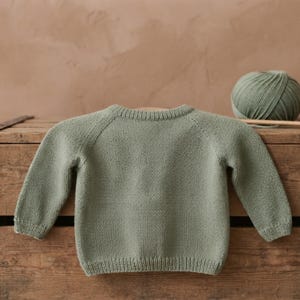 May include: A sage green long-sleeved knitted sweater featuring a round neckline and ribbed cuffs and hem. The garment is constructed with a simple stockinette stitch pattern, showcasing a consistent texture and a solid, muted green color throughout.