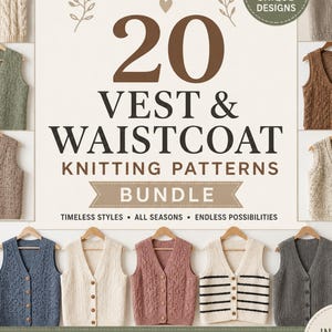 Könnte beinhalten: Eine Darstellung von gestrickten Westen und Strickjacken in verschiedenen Farben und Texturen, präsentiert auf Holzbügeln. Der zentrale Text lautet "20 Vest & Waistcoat Knitting Patterns Bundle". Die Westen umfassen Zopfmuster und Streifendesigns.