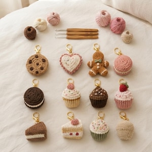 May include: A collection of twelve crocheted food-themed keychains featuring a cookie, heart, gingerbread person, macaron, sandwich cookie, cupcakes, cake slices, and a muffin, accompanied by three crochet hooks and several small yarn balls.