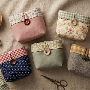 May include: Five fabric pouches with fold-over tops secured by single buttons. The pouches feature various patterns including floral, gingham, polka dot, and herringbone, in colors of pink, green, blue, yellow, and grey, arranged with sewing supplies.