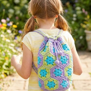 Crochet Backpack Pattern PDF, Kids Hexagon Flower Tote Bag Pattern, African Flower Crochet Bag, Girls Drawstring Backpack, Instant Download