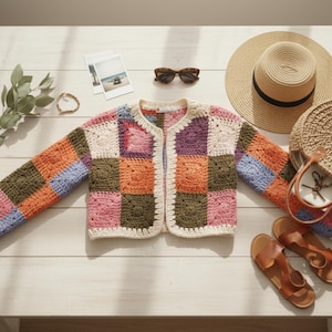 Op de afbeelding: Een veelkleurig patchwork gehaakt vest met lange mouwen, samen met een strohoed, zonnebril, sandalen en een geweven tas. Het vest heeft vierkanten in roze, oranje, groen, paars en blauw. Een takje groen en een armband zijn ook zichtbaar.