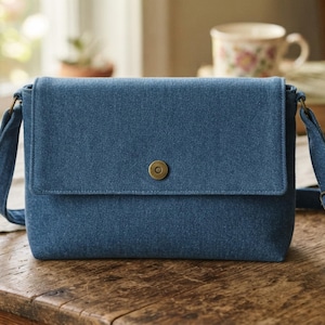 May include: A blue denim crossbody bag featuring a rectangular flap closure secured with a single brass-toned metal snap button. The bag includes an adjustable shoulder strap attached with brass-toned hardware on both sides of the main body.