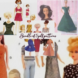 Può includere: Un collage di immagini di bambole che mostrano vari outfit e stili. Le bambole sono vestite con una gamma di abiti, tra cui abiti, completi e separati. Il testo "Bundle of 5 pdf patterns" è anche visibile.