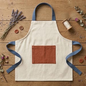 May include: A cream-colored apron featuring a central rectangular rust-colored pocket and blue fabric straps. The apron is displayed with dried lavender, a wooden spool of thread, and two brown buttons arranged on a wooden surface.