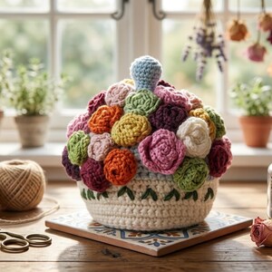 Könnte beinhalten: Eine runde, cremefarbene gehäkelte Teekannenhaube mit einer dichten Anordnung aus mehrfarbigen Garnblumen in Rosa, Orange, Gelb, Grün und Weiß. Die Basis hat ein grünes Blattmuster und oben befindet sich ein hellblauer, gehäkelter Knauf.