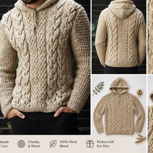 May include: A beige cable-knit hooded sweater. The handmade chunky knit sweater is made of 100% wool blend. The sweater has a hood and a textured cable design. The text on the image says "Cable Hooded Sweater".