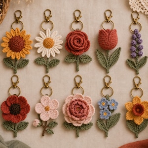 Flower Crochet Keychain Pattern Bundle 10 Designs PDF Amigurumi Bag Charm Sunflower Rose Tulip Peony Daisy Beginner Digital Download