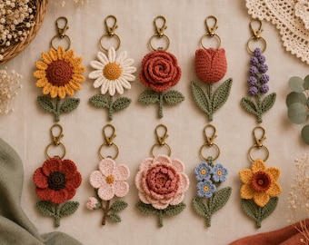 Flower Crochet Keychain Pattern Bundle 10 Designs PDF Amigurumi Bag Charm Sunflower Rose Tulip Peony Daisy Beginner Digital Download