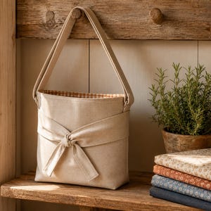Pode incluir: Uma bolsa de tecido bege com um detalhe de laço decorativo na frente, uma alça de ombro única e um forro interior com padrão de xadrez castanho e branco. A bolsa é construída a partir de um material têxtil sólido de cor neutra.