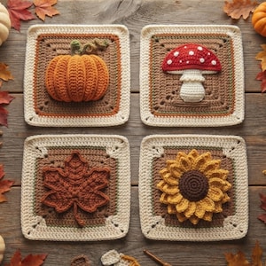 Peut inclure: Quatre motifs carrés au crochet sur le thème de l'automne : une citrouille orange texturée, un champignon rouge à pois blancs, une feuille d'érable marron et un tournesol jaune. Chaque carré a une bordure crème en fil marron et beige.