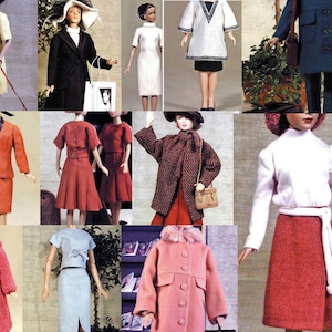 Peut inclure: Un collage de tenues de poupées vintage, présentant divers ensembles. La collection comprend un manteau jaune, un manteau noir avec un chapeau blanc, une robe blanche, un manteau bleu et plusieurs ensembles rouges. Les tenues sont accessoirisées de chapeaux et de sacs à main.