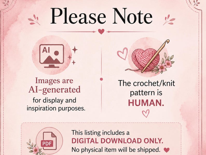 May include: A light pink informational graphic with the text Please Note. It states that images are AI-generated for display, the crochet/knit pattern is HUMAN, and this listing includes a DIGITAL DOWNLOAD ONLY with no physical item shipped.