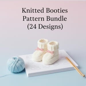 Könnte beinhalten: Ein Paar cremefarbene Strickschühchen mit kleinen rosa Schleifen, ein Knäuel hellblaues Garn und zwei Stricknadeln aus Holz auf einem Papierstapel. Der Text "Knitted Booties Pattern Bundle (24 Designs)" ist oben aufgedruckt.
