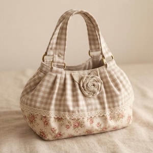 RETIREMENT SALE *Gingham Lace Rosette Tote Bag Sewing Pattern PDF, Romantic Gathered Bag Tutorial, Cottage Style Handbag