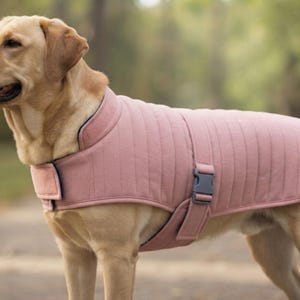 May include: A light pink quilted dog coat featuring vertical stitching, a high collar, and a dark grey plastic buckle closure on the side. The garment is designed to cover the back and chest area of a dog, providing a snug fit with adjustable straps.