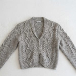 Può includere: Un cardigan a maniche lunghe color grigio chiaro con collo a scialle e un motivo a trecce lavorato a maglia. Il capo presenta tre bottoni grigi abbinati sul davanti, polsini e orlo a coste, con una classica costruzione in maglia.
