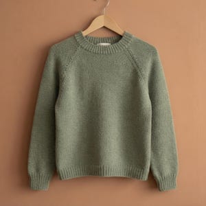 May include: A sage green long-sleeve sweater featuring a ribbed crew neckline, ribbed cuffs, and a ribbed hem. The knit garment has raglan sleeves and a solid, textured appearance, displayed on a wooden hanger against a plain brown background.
