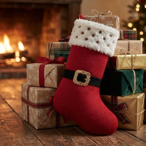 Könnte beinhalten: Ein roter Strick-Weihnachtsstrumpf mit einem weißen Kunstfell-Umschlag mit kleinen roten Punkten und einem schwarzen Gürtelriemen in der Mitte mit einer goldfarbenen Schnalle. Der Strumpf steht vor einer Ansammlung verpackter Geschenkkartons.
