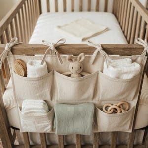 May include: A beige fabric hanging organizer with six pockets attached to a wooden crib with fabric ties. The pockets contain a wooden brush, white cloths, a small crocheted rabbit, a stack of diapers, a sage green folded cloth, and wooden rings.