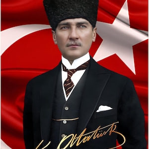 Mustafa Kemal Atatürk Poster with Turkish Flag – Premium Art Print