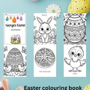 Pode incluir: Livros de colorir com tema de Páscoa com ilustrações de um coelho, um pintinho e ovos decorados. Os livros são intitulados "George's Easter" e "Easter colouring book". A palavra "Customizable" está no topo.