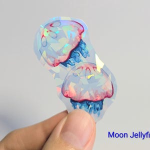AUTOCOLLANTS HOLOGRAPHIQUES animaux de la mer - Décalcomanies vie marine pour ordinateurs portables, bouteilles d'eau et plus - Joli requin marin/baleine/raies/méduses Moon Jellyfish