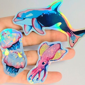 AUTOCOLLANTS HOLOGRAPHIQUES animaux de la mer - Décalcomanies vie marine pour ordinateurs portables, bouteilles d'eau et plus - Joli requin marin/baleine/raies/méduses Vampire Squid