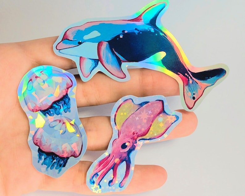 AUTOCOLLANTS HOLOGRAPHIQUES animaux de la mer - Décalcomanies vie marine pour ordinateurs portables, bouteilles d'eau et plus - Joli requin marin/baleine/raies/méduses Vampire Squid