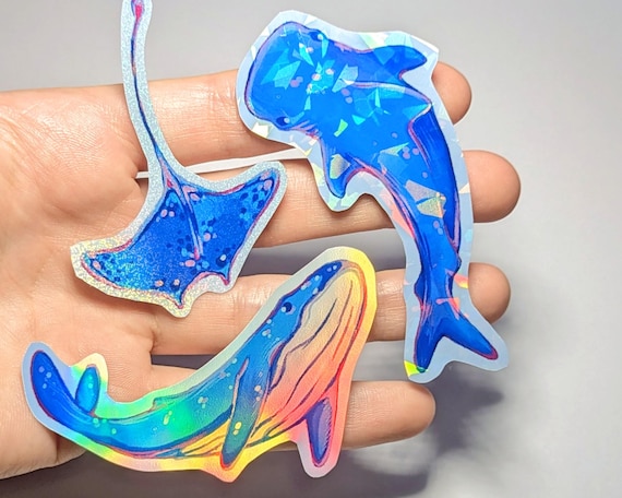 Ocean Animal HOLOGRAPHIC STICKERS - Sea Life Decals for Laptops, Water Bottles & More - Cute Marine Shark/Whale/Stingray/Jellyfish
