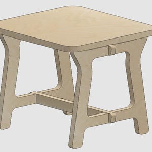 May include: A simple, wooden stool with a square top and a unique, open frame design. The stool is made of light-coloured wood and has a natural finish.