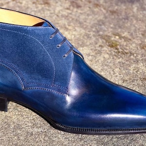 Handmade Blue Patina Leather & Suede Chukka Boots | Luxury Men’s Dress Ankle Boots | Customizable