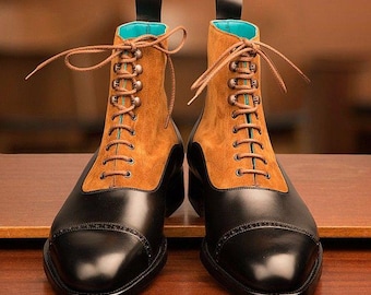Handmade Two-Tone Leather Ankle Boots | Brown Suede & Black