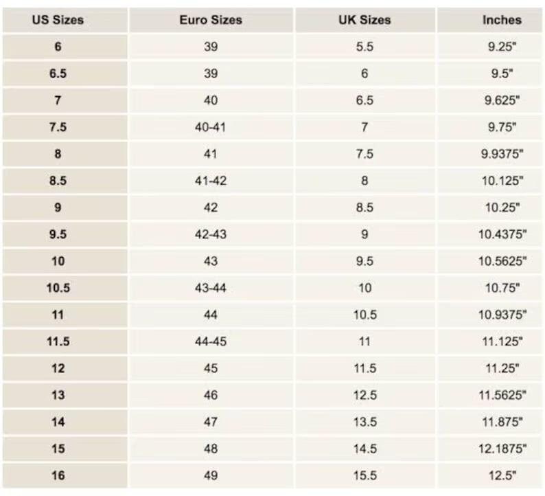 Puede incluir: Un gr&aacute;fico que muestra las conversiones de tallas de zapatos para hombres en tallas de EE. UU., Europa, Reino Unido y pulgadas. El gr&aacute;fico muestra las tallas de 6 a 16 en tallas de EE. UU., de 39 a 49 en tallas europeas, de 5,5 a 15,5 en tallas del Reino Unido y de 9,25 a 12,5 pulgadas.
