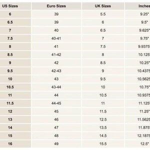 以下が含まれることがあります： 靴のサイズ換算表。US、Euro、UKサイズとインチが表示されています。USサイズ6から16、Euroサイズ39から49、UKサイズ5.5から15.5、インチ9.25"から12.5"まで。背景はベージュ色です。