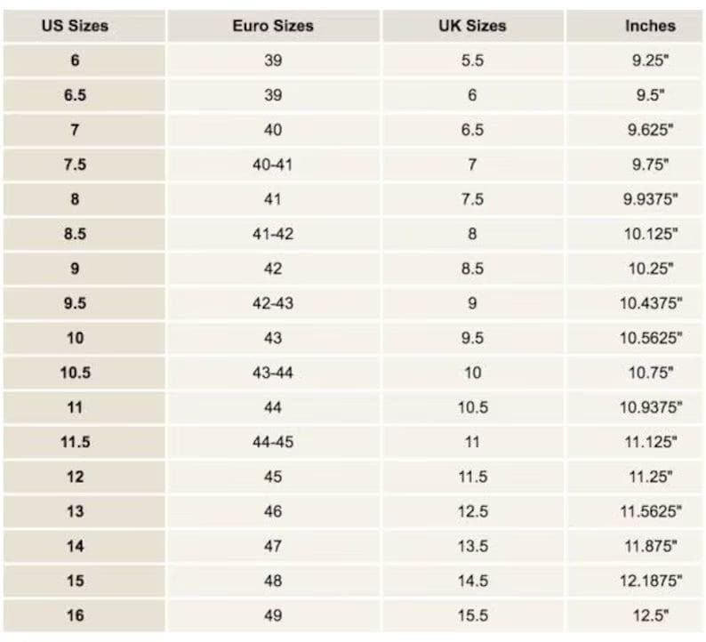 以下が含まれることがあります： 靴のサイズ換算表。US、Euro、UKサイズとインチが表示されています。USサイズ6から16、Euroサイズ39から49、UKサイズ5.5から15.5、インチ9.25"から12.5"まで。背景はベージュ色です。