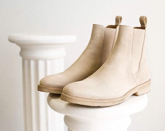 Handmade Men's Leather Chelsea Boots | Minimalist Beige Ankle Boots For Men | Classic Pull-On Custom Eco-friendly Suede Shoes