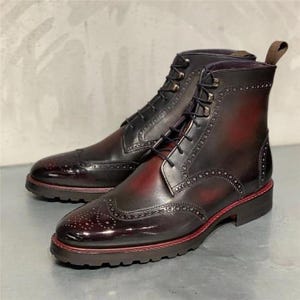 Men&#39;s Handmade Burgundy Leather Brogue Boots | Men’s Wingtip Dress Boots | Custom Formal Ankle Boots | Luxury Leather Shoes
