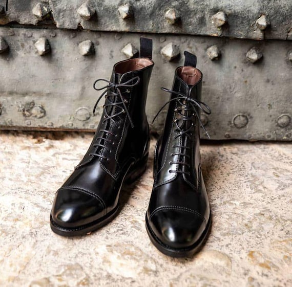 Bespoke Men's Handmade Black Calf Leather Ankle High Boots | Elegant Men’s Bespoke Footwear