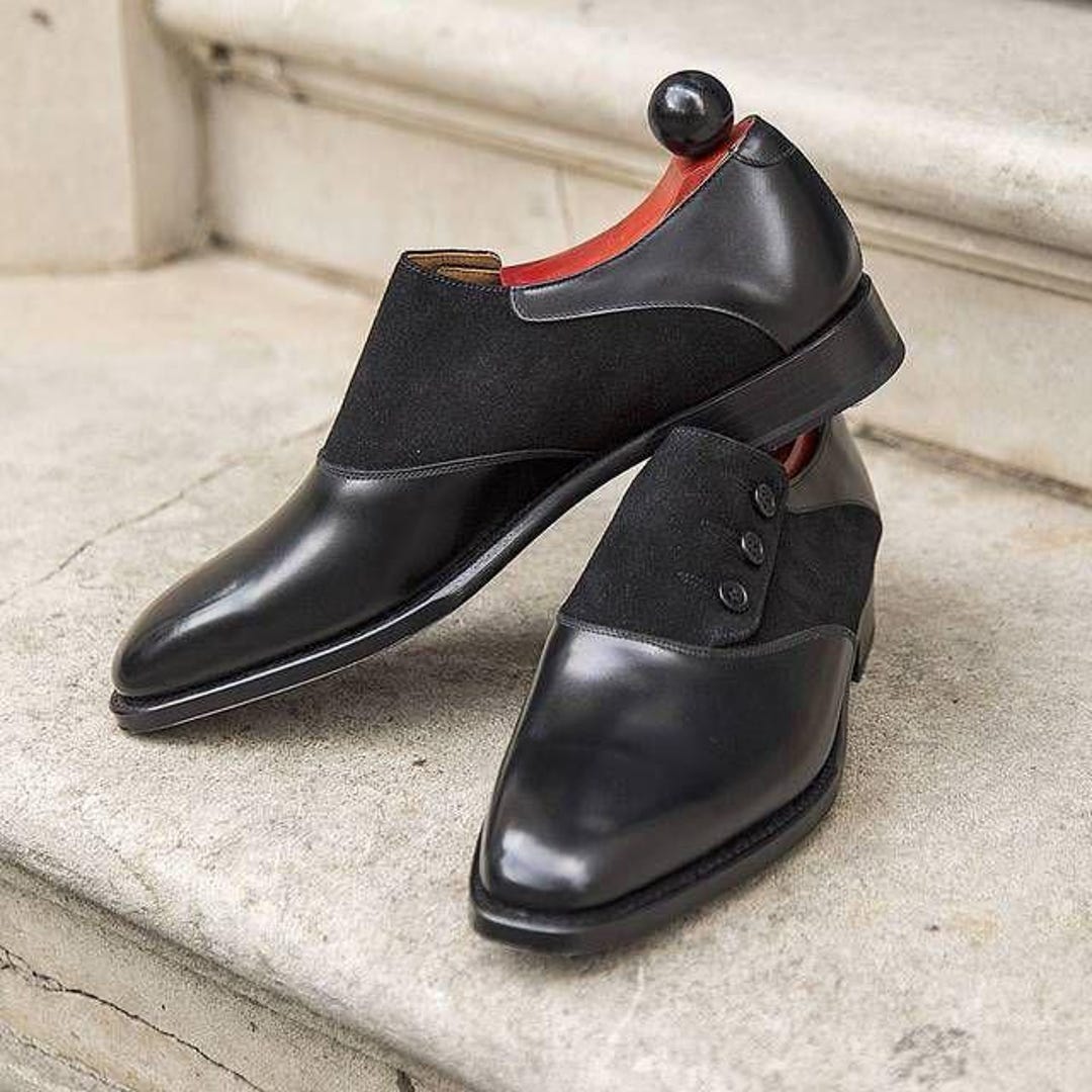 Handmade Black Leather & Suede Button Shoes | Elegant Men's Dress Shoes ...