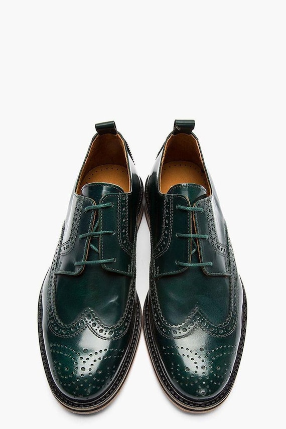 Handmade Green Leather Brogue Oxford Shoes | Classic Wingtip Dress Shoes for Men | Formal Bespoke Footwear For Men