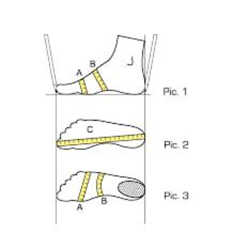 Puede incluir: Diagrama que muestra c&oacute;mo medir un pie para el tama&ntilde;o del zapato. El diagrama muestra tres vistas diferentes de un pie con medidas etiquetadas como A, B y C.