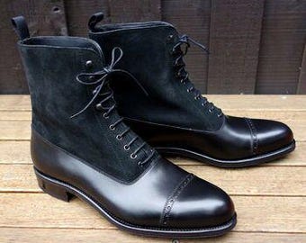 Handmade Black Leather & Suede Victorian Boots | Men's Cap Toe Ankle Boots