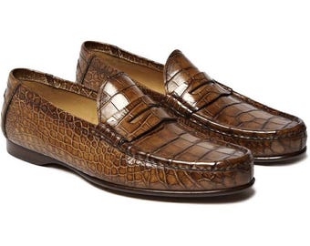 Handmade Embossed Brown Leather Loafers | Men's Formal Slip-Ons